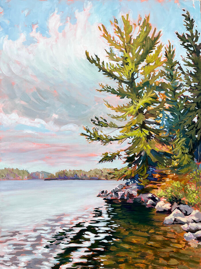 landscape painting on large canvas of pine trees beside a lake with blue water and moody clouds