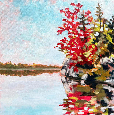 Paintng of red Autumn leaves overhanging a cliff by a tranquil lake