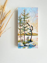 landscape painting of trees on an island in middle of lake