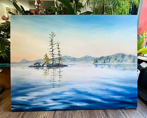 Canadian landscape painting of still lake and trees