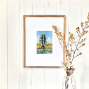 a lake print of two pine trees growing beside a calm Canadian lake