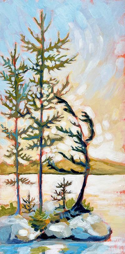 landscape painting of trees on an island