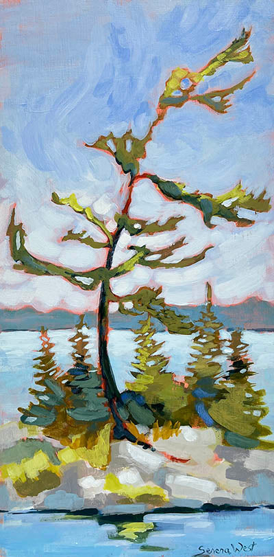 a Canadian landscape painting of pine trees on a blue lake and sunny skies