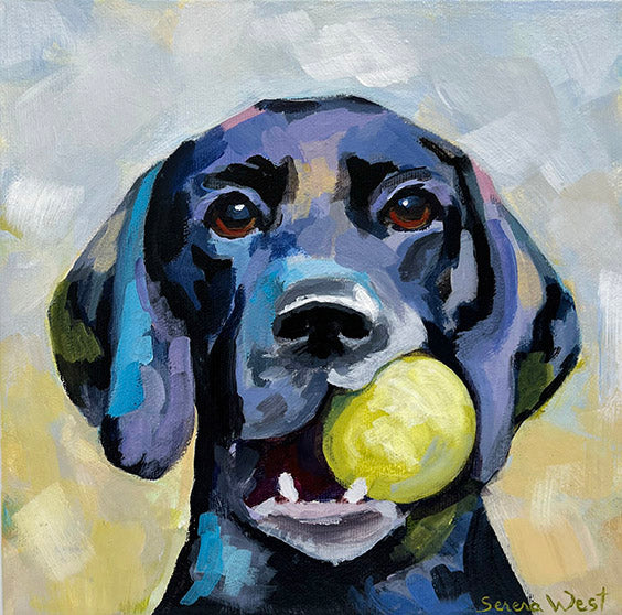 dog portrait painting of black lab with a tennis ball in his mouth