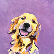 custom pet painting of a golden retreiver with sweet brown eyes and his tongue hanging out on a bright purple background