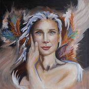 oil painting of a beautiful mature woman with silver hair.
