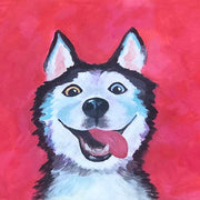dog portrait painting of a cute husky with one yellow eye and one blue eye and his tongue hanging out