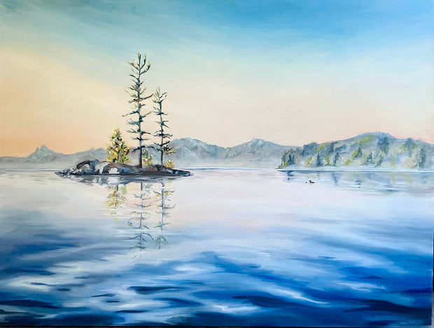 lake painting of island and still water