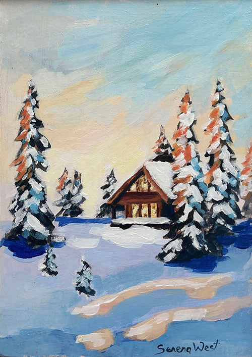 Original Canadian landscape art of a cabin in the woods on a snowy day