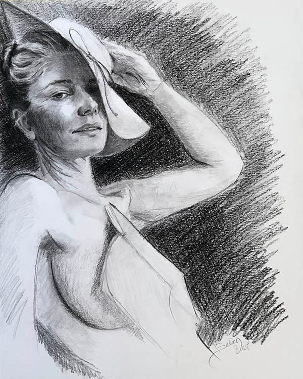 Custom pencil figure drawing of woman by Canadian portrait artist Serena West.
