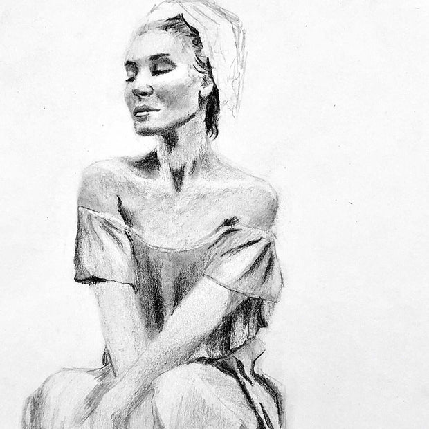 Pencil figure drawing of a peaceful woman by Canadian artist Serena West