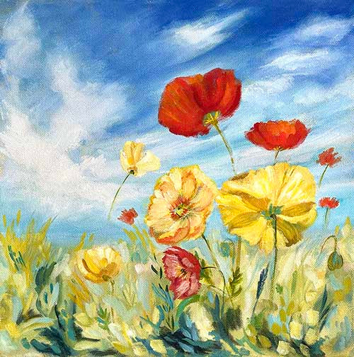 a custom floral painting of yellow and red flowers and a blue sky by Canadian artist Serena West