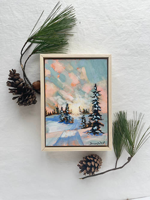 a Canadian landscape painting of a winter scene with pine trees and a pink sunset