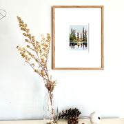 a wall art print of tall green pine trees by a shimmering lake