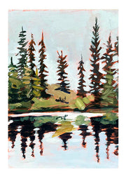 a forest art print of tall Canadian pine trees near a shimmering lake