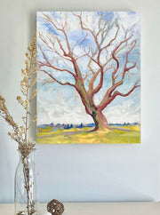 Tree and landscape oil painting on canvas in blue, white, pink and green colors