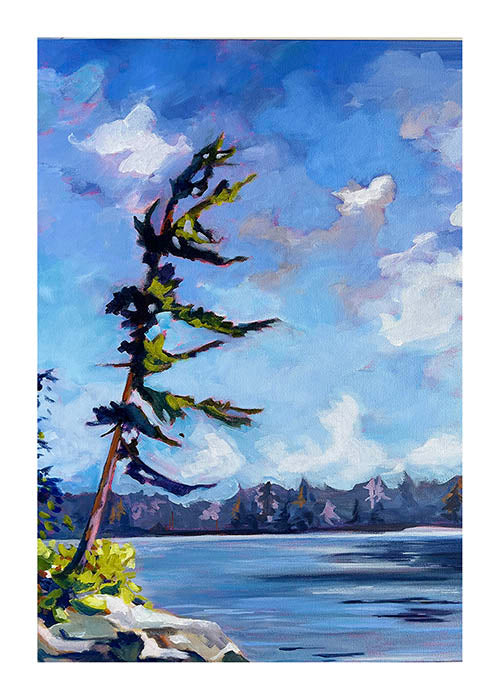lake wall art print of windswept pine at the edge of calm lake