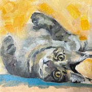 Custom cat painting of cat rolling on its back with yellow background