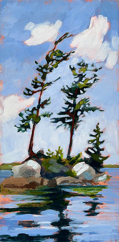 a landscape painting of tall pine trees on an island amid shiny blue water