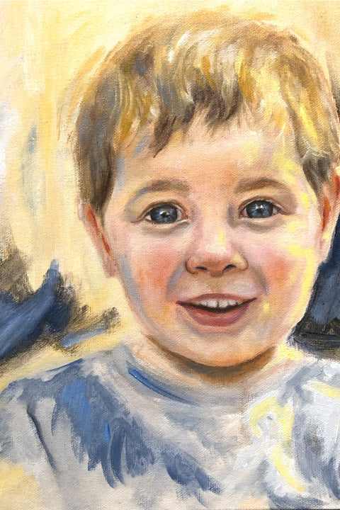 Painting from a photo done in oil on canvas of a child by Canadian portrait artist Serena West
