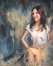 Oil figure painting on canvas of a beautiful woman sitting in a chair.