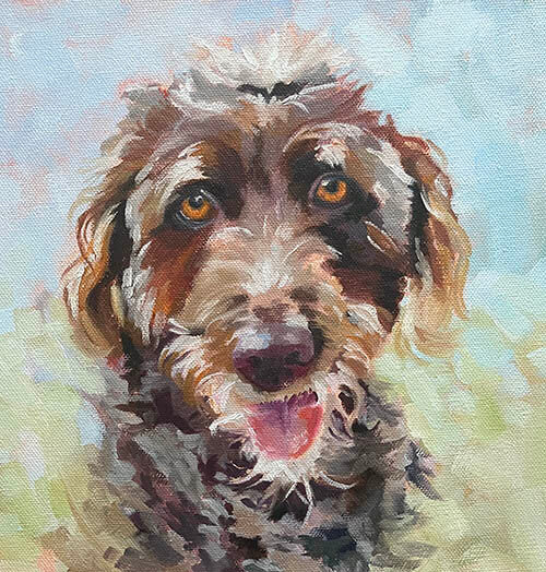custom pet portrait painting of a furry brown dog with sweet golden eyes