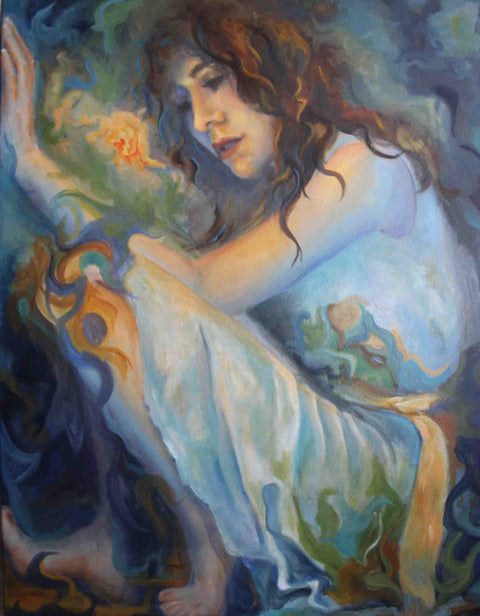  An oil painting by artist Serena West of a  woman that s confined in a small space symbolizing that she is imprisoned by allowing others to determine her life.  Hope lights up her face and white dress portraying that she truly is free to make her own choices.