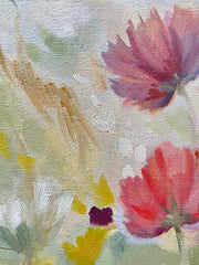 detail of a flower painting with pink, yellow and white flowers