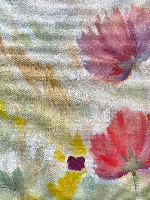 detail of a flower painting with pink, yellow and white flowers