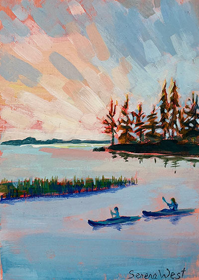 lake painting by Muskoka artist kayaks on Ontario lake during sunrise