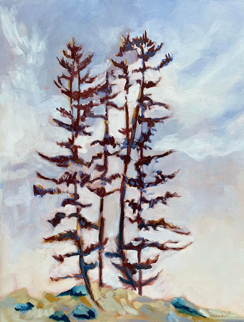 a landscape painting of Muskoka trees and a cloud filled blue sky