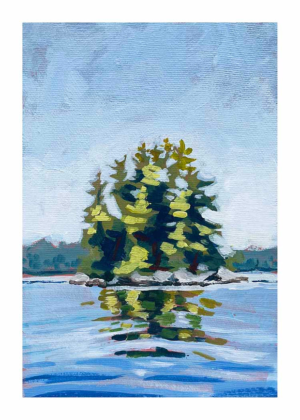 lake art print of trees on an island surrounded by blue shimmering water