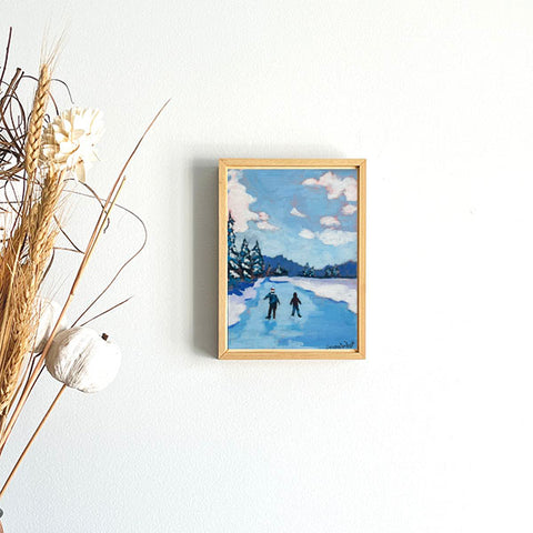 original acrylic Canadian winter landscape art of two boys skating on an outdoor frozen pond