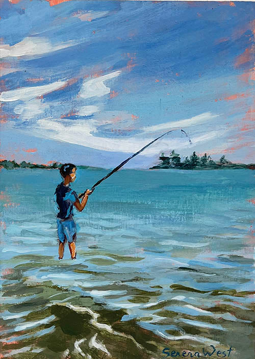 lake painting of boy fishing