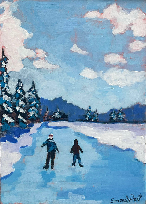 original acrylic Canadian winter landscape art of two boys skating on an outdoor frozen pond