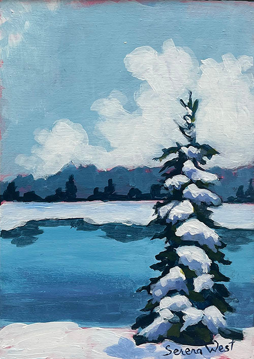 winter landscape painting of pine tree covered in snow