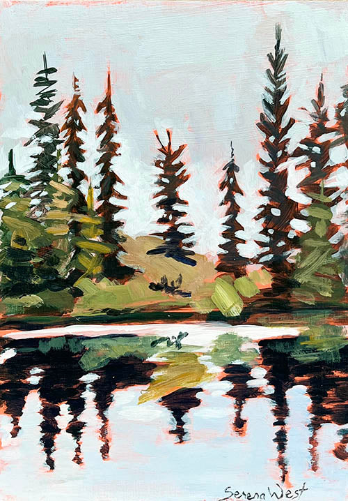 a forest painting of pine trees near a Canadian lake