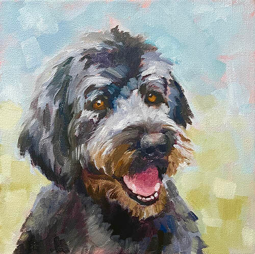 custom pet portrait painting of black dog with sweet brown eyes by Canadian pet portrait artist Serena West