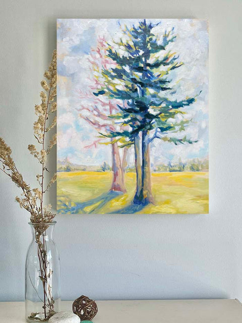 bright tree art inspired by Muskoka landscapes hangs on a wall