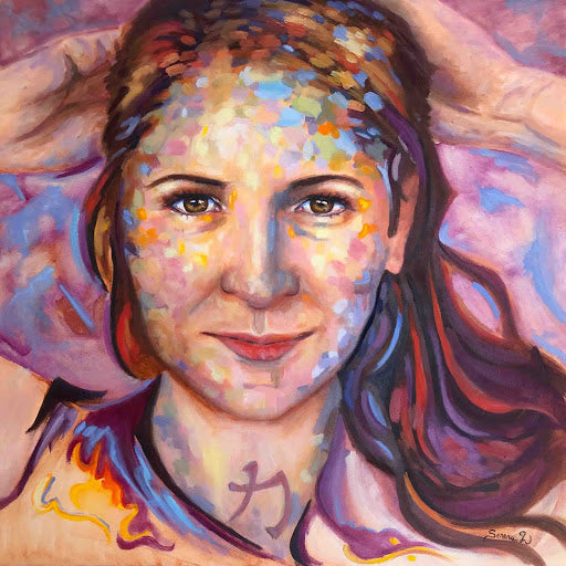 Feminist oil painting of a beautiful woman painted with various colors and bold brushstrokes 